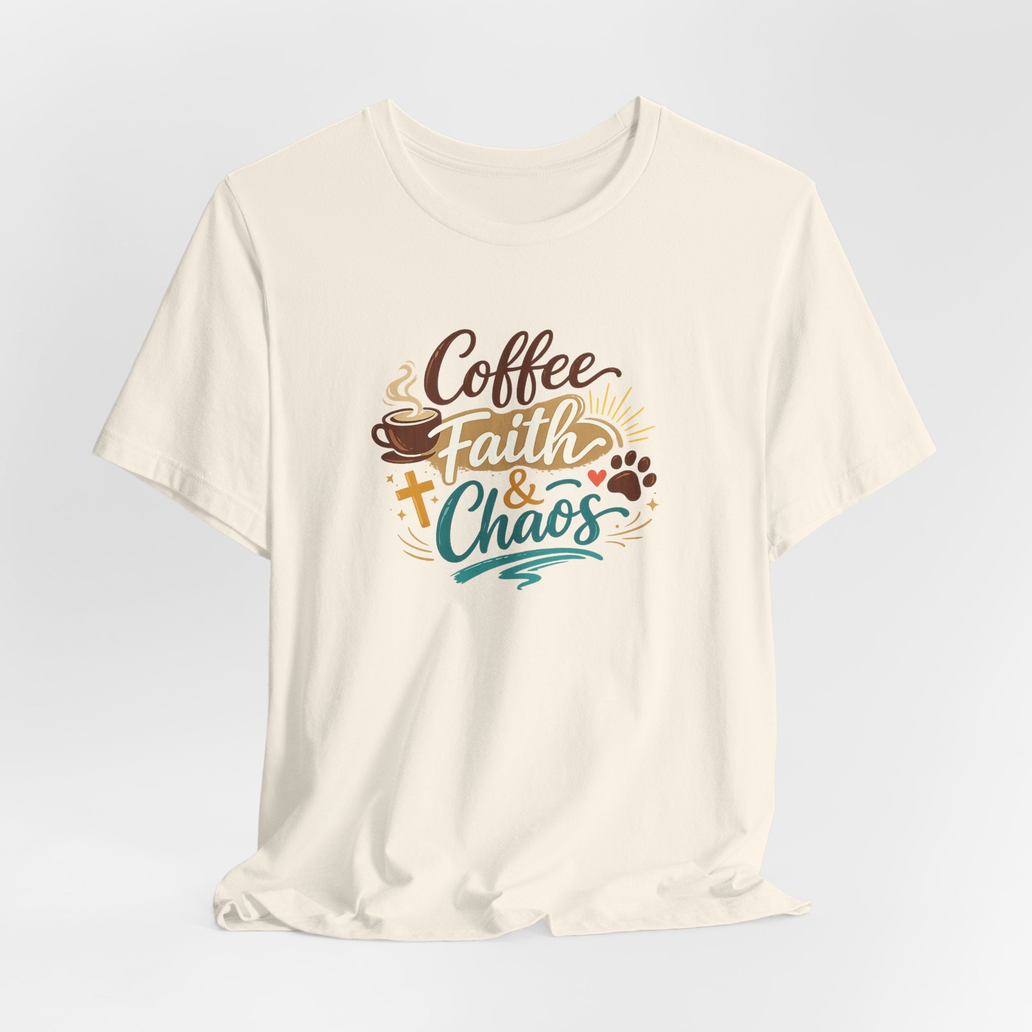 Coffee Faith & Chaos Shirt for Moms | Faith-Based Christian Mom Tee | Cozy Coffee Lover Dog Mom T-Shirt