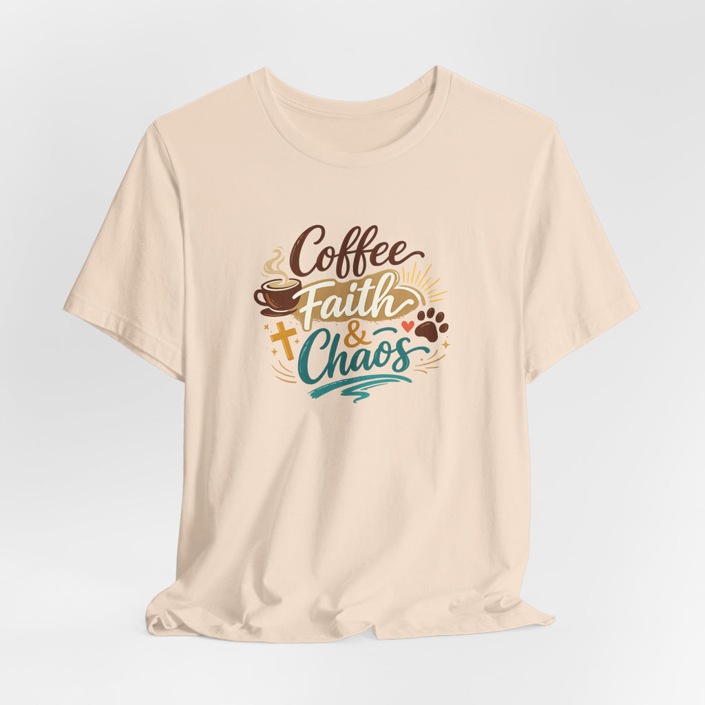 Coffee Faith & Chaos Shirt for Moms | Faith-Based Christian Mom Tee | Cozy Coffee Lover Dog Mom T-Shirt