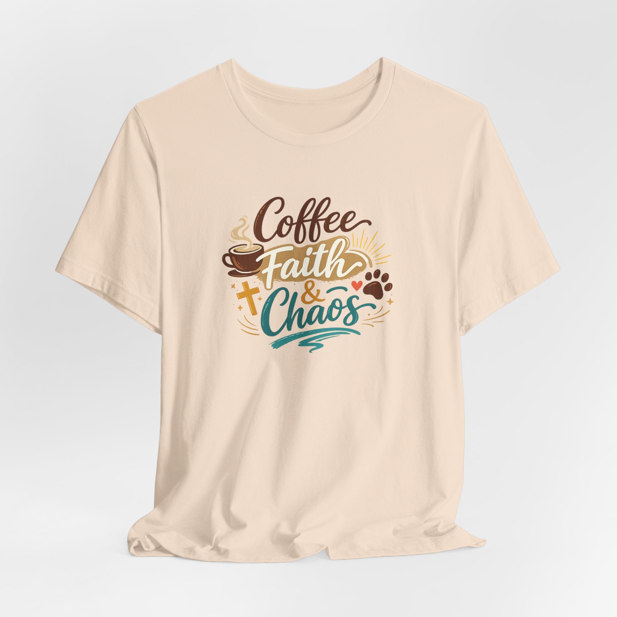 Coffee Faith & Chaos Shirt for Moms | Faith-Based Christian Mom Tee | Cozy Coffee Lover Dog Mom T-Shirt