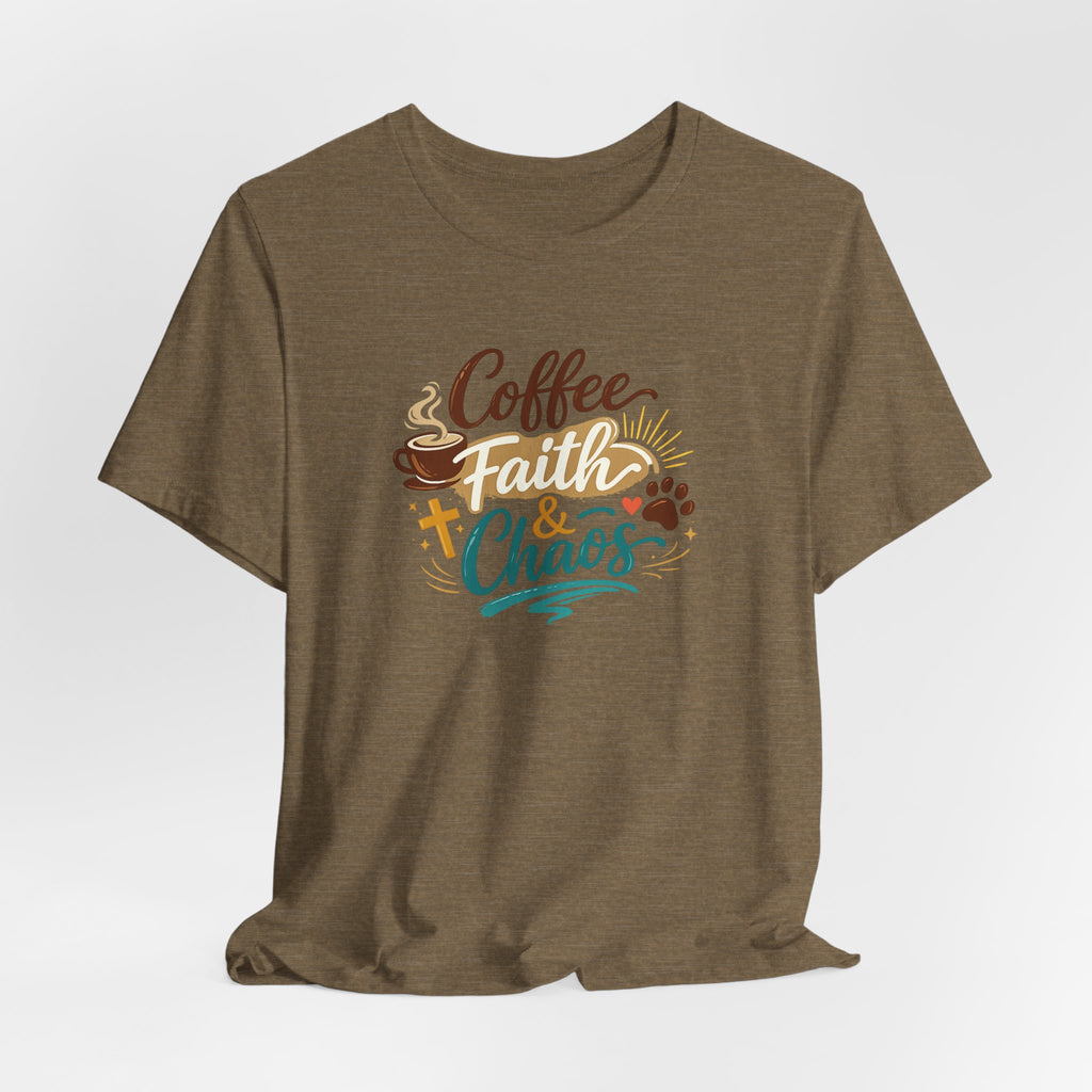 Coffee Faith & Chaos Shirt for Moms | Faith-Based Christian Mom Tee | Cozy Coffee Lover Dog Mom T-Shirt